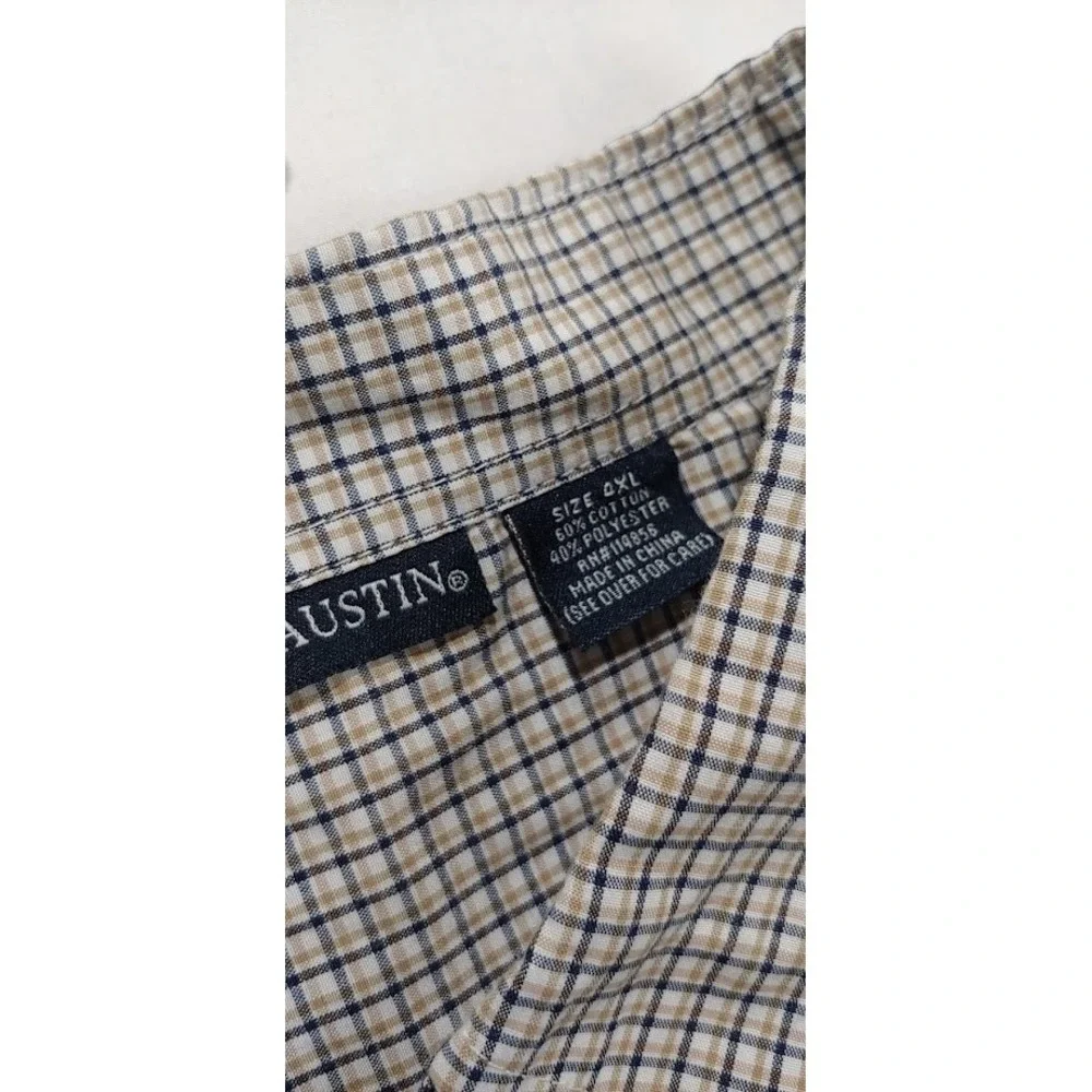 Mens Button Up Shirt 4XL Michael Austin Beige Blue‎ Plaid Long Sleeve Casual